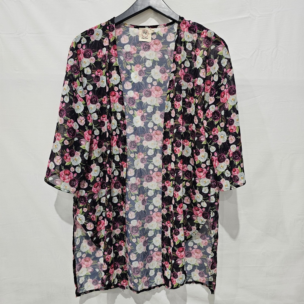 Grace & Emma Small Medium Floral Kimono Cardigan Black Pink Rose Sheer Wrap